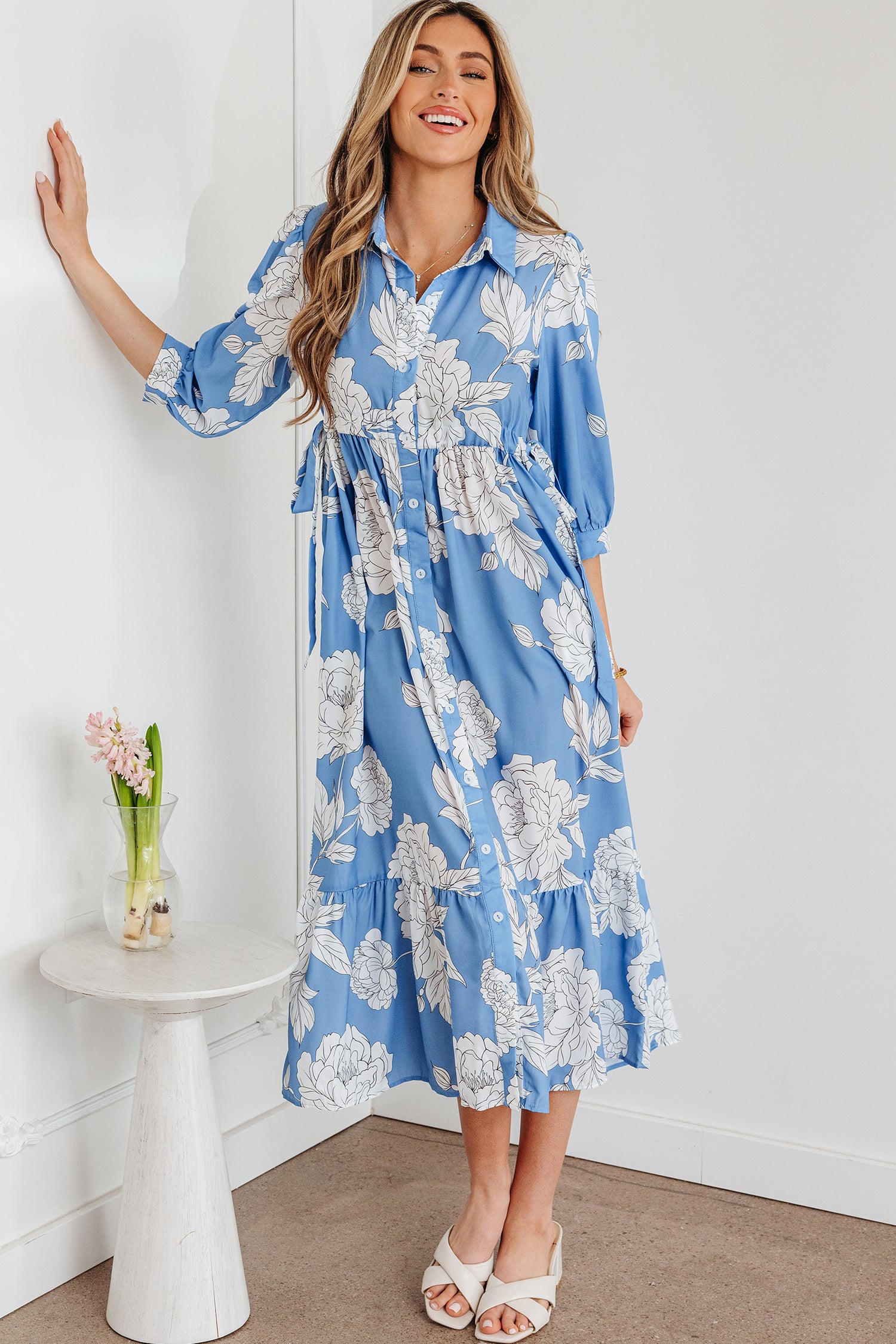 Sky Blue Floral  Hem Long Dress