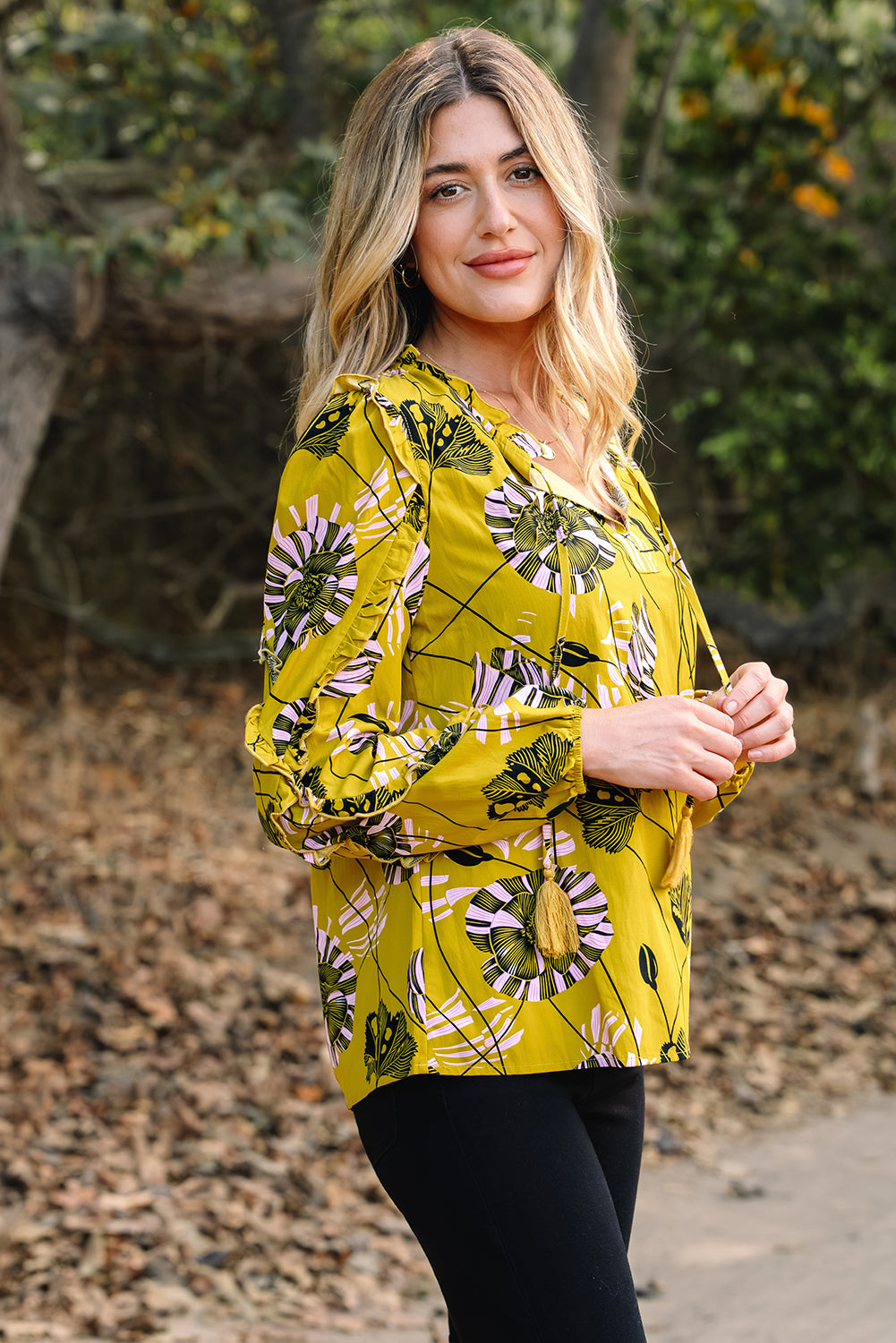 Yellow Vintage Floral V Neck Ruffle Trim Long Sleeve Blouse