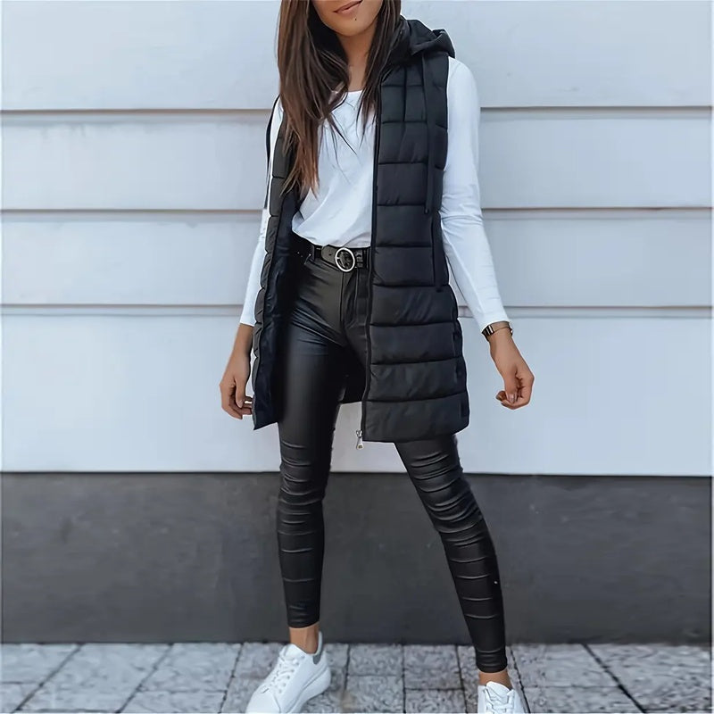 Women's Solid Color Sleeveless Hooded Vest, Mid-Length Zip-Front Waistcoat With Pockets For Spring And Fall Layering