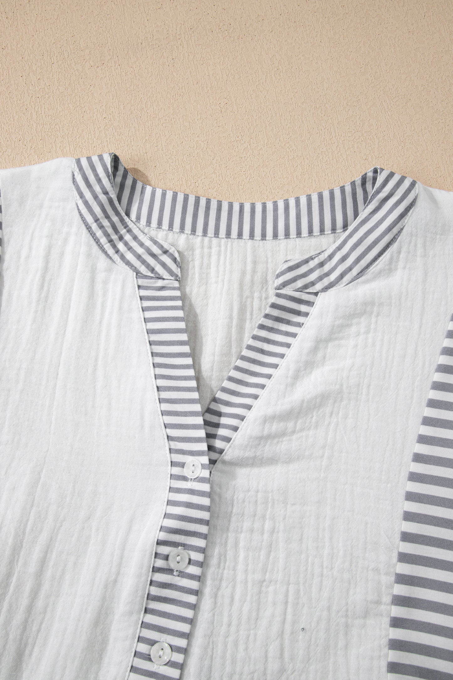 Gray Stripe Half Button Gauze Patchwork Bracelet Sleeve Babydoll Blouse