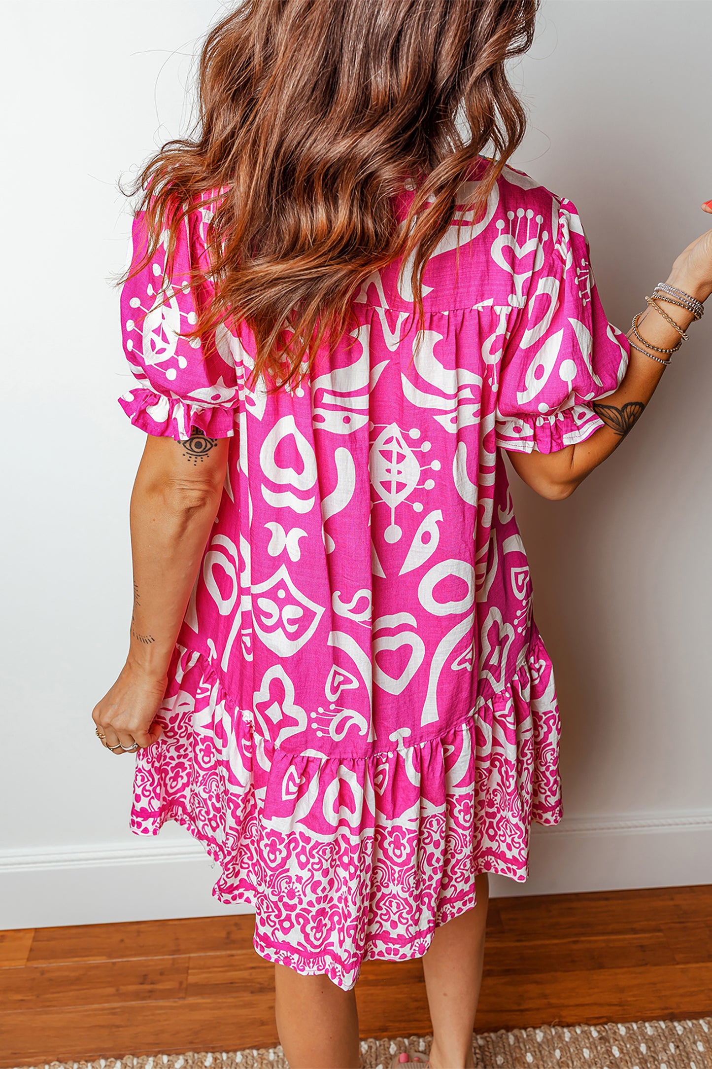 Rose Boho Mixed Print Contrast Trim V Neck Short Sleeve Flared Dress