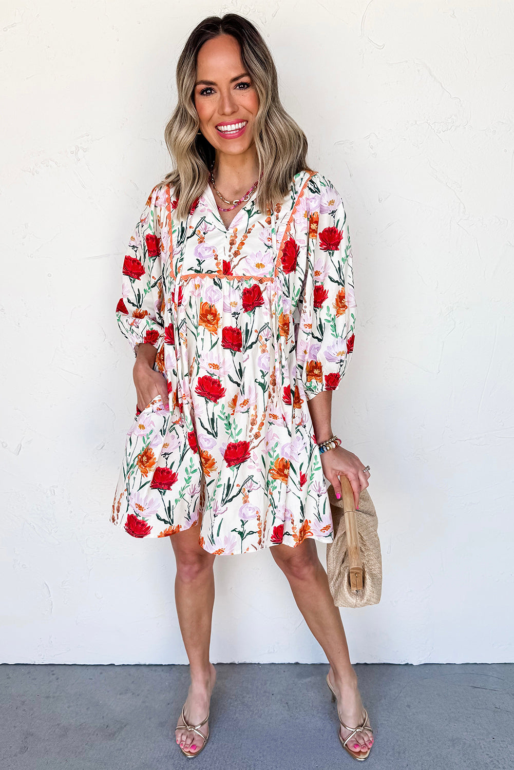 beige floral mini dress