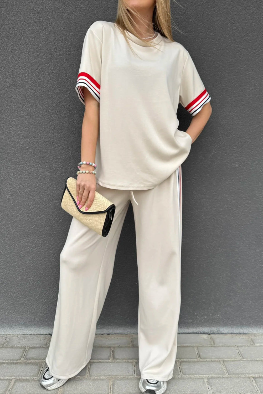 Jet Stream Contrast Striped Trim Crewneck T Shirt Loose Straight Pants Set