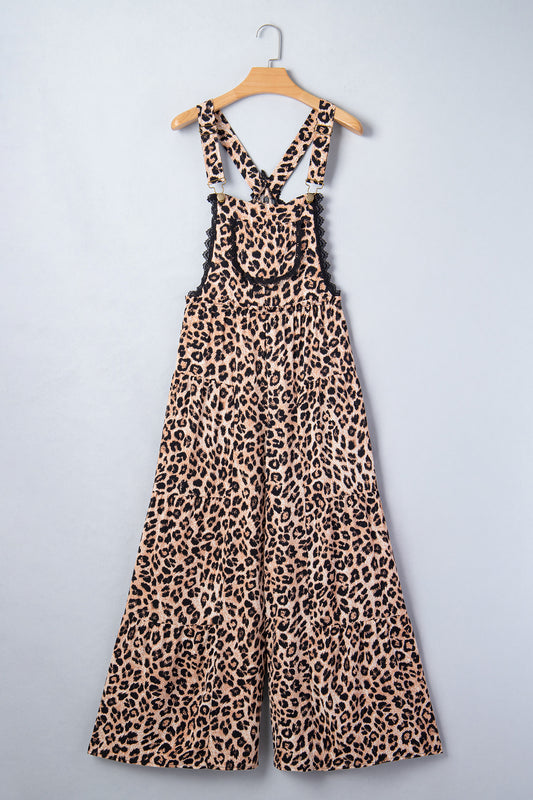 Khaki Cheetah Printed Contrast Lace Detail Ruffled Wide Leg Jumpsuit