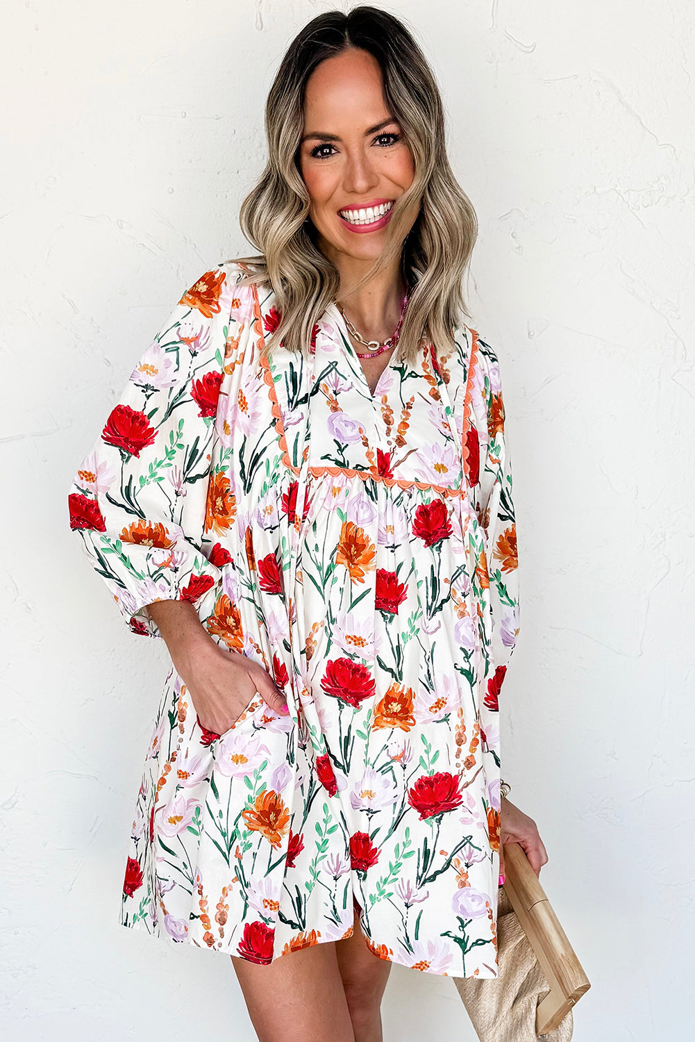 beige floral mini dress
