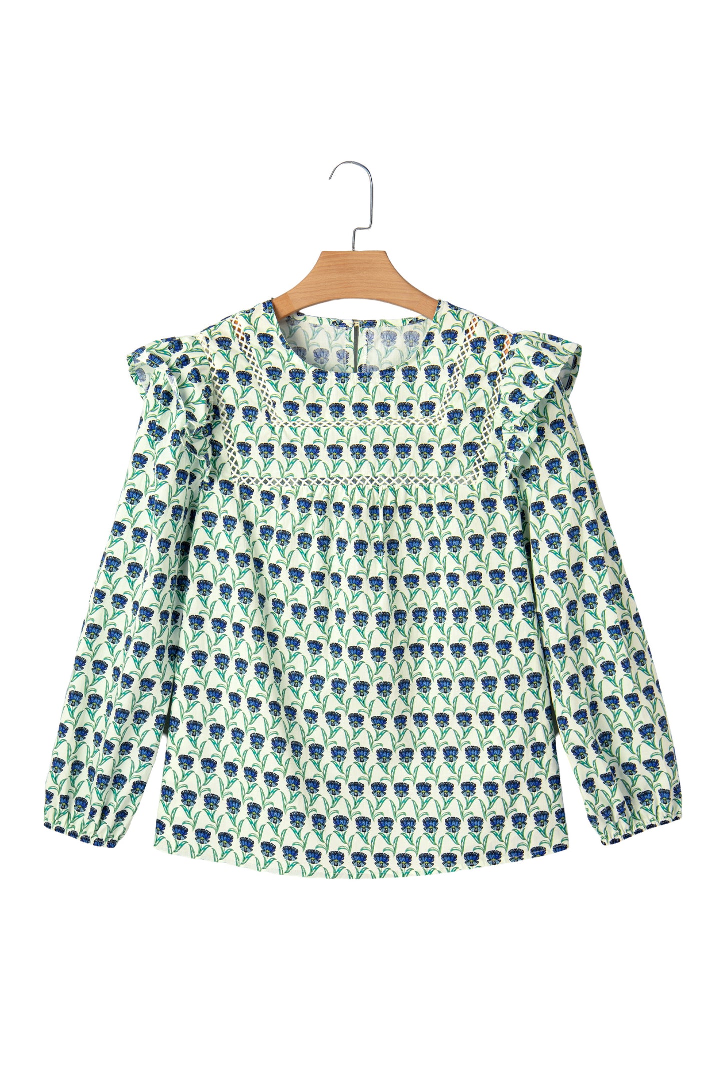 Green Floral Print Lace Detail Ruffle Trim Long Sleeve Blouse
