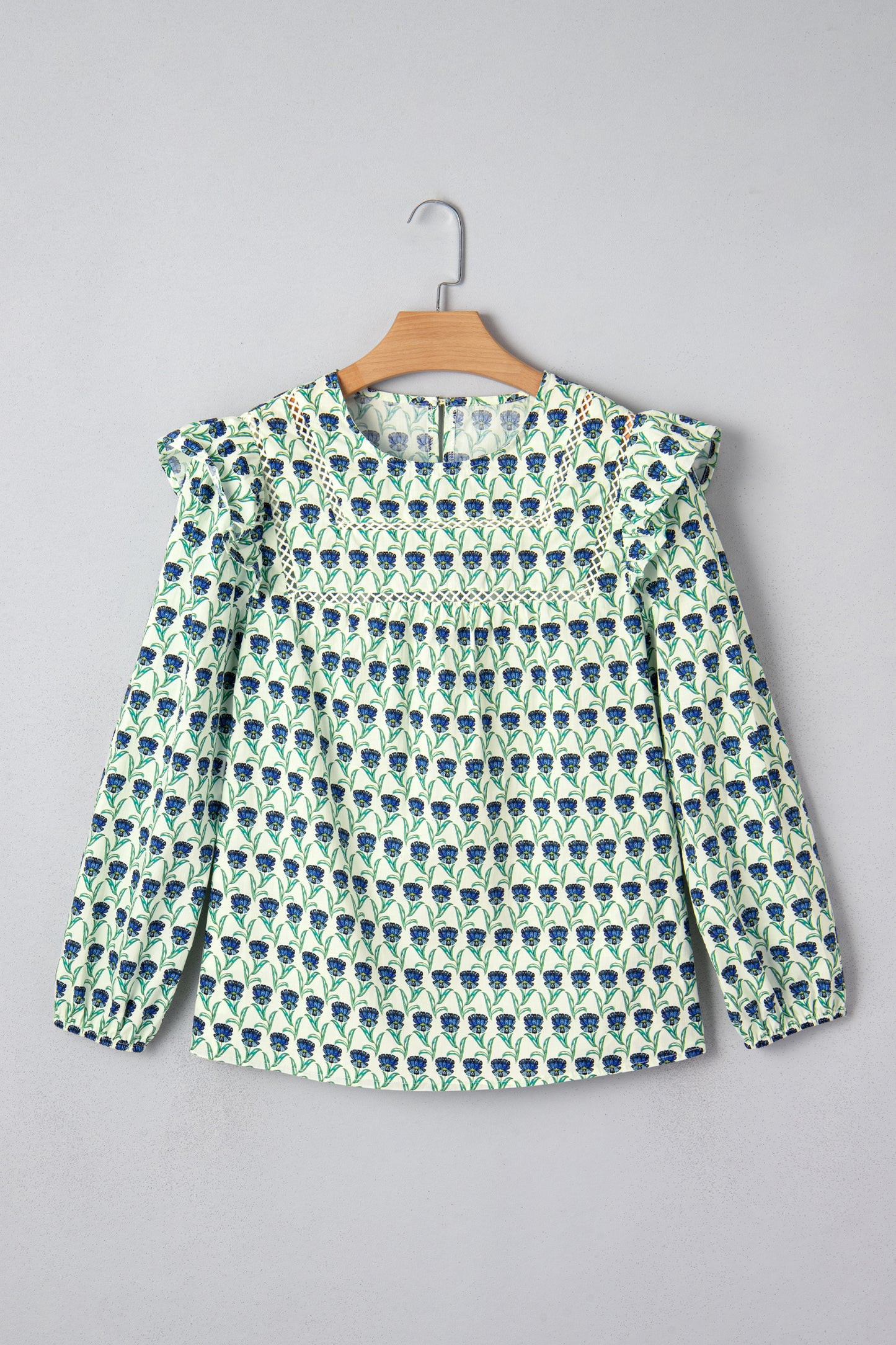 Green Floral Print Lace Detail Ruffle Trim Long Sleeve Blouse