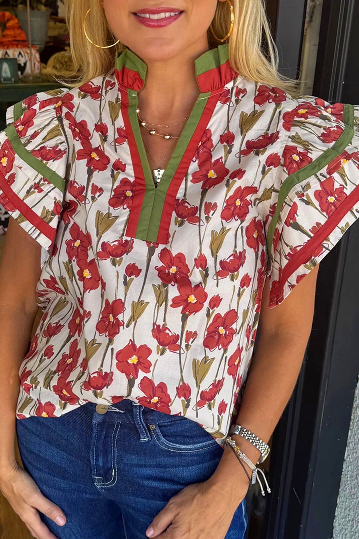 Red Floral Print Contrast Trim V Neck Double Ruffled Short Sleeve Blouse