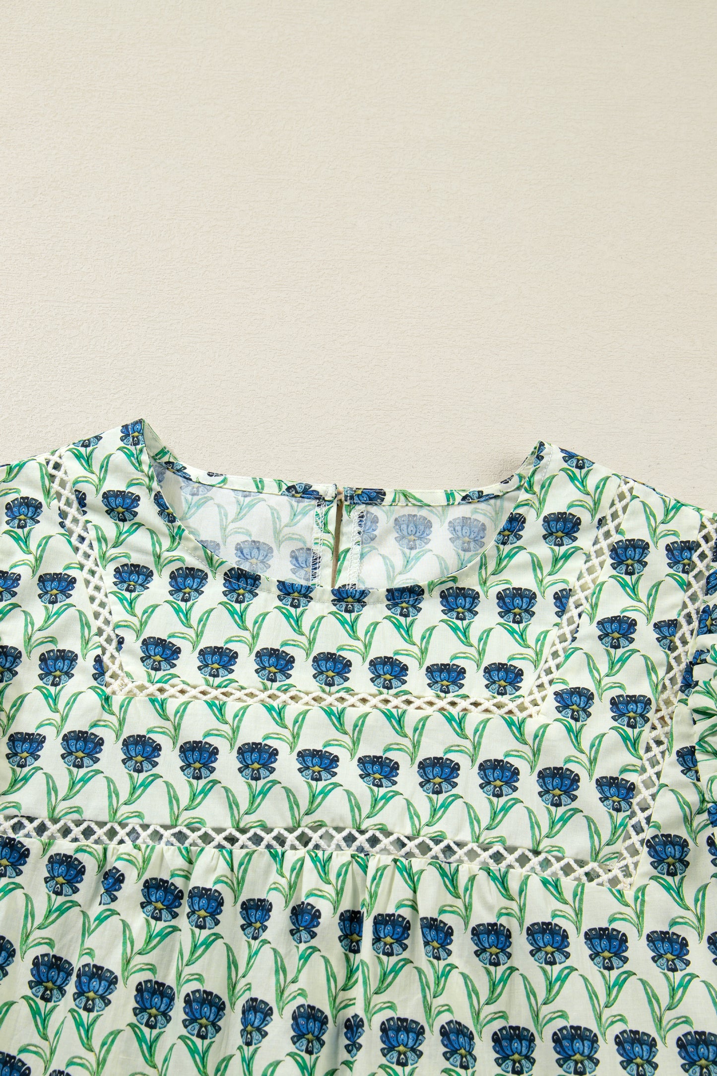 Green Floral Print Lace Detail Ruffle Trim Long Sleeve Blouse
