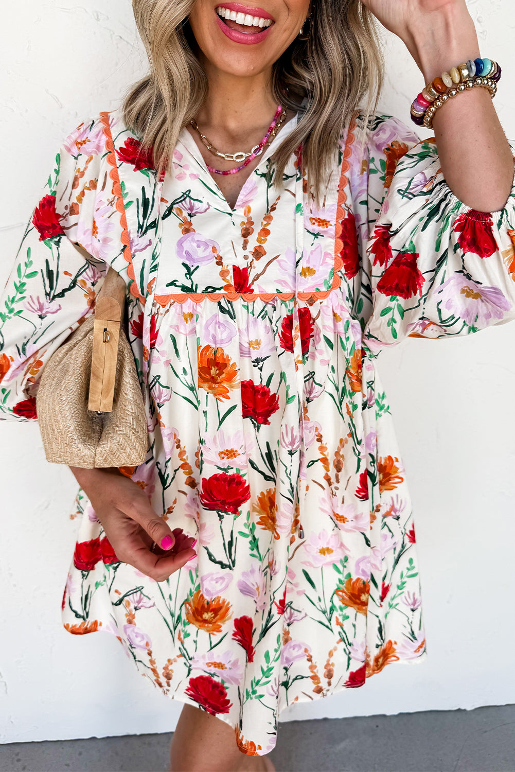 beige floral mini dress