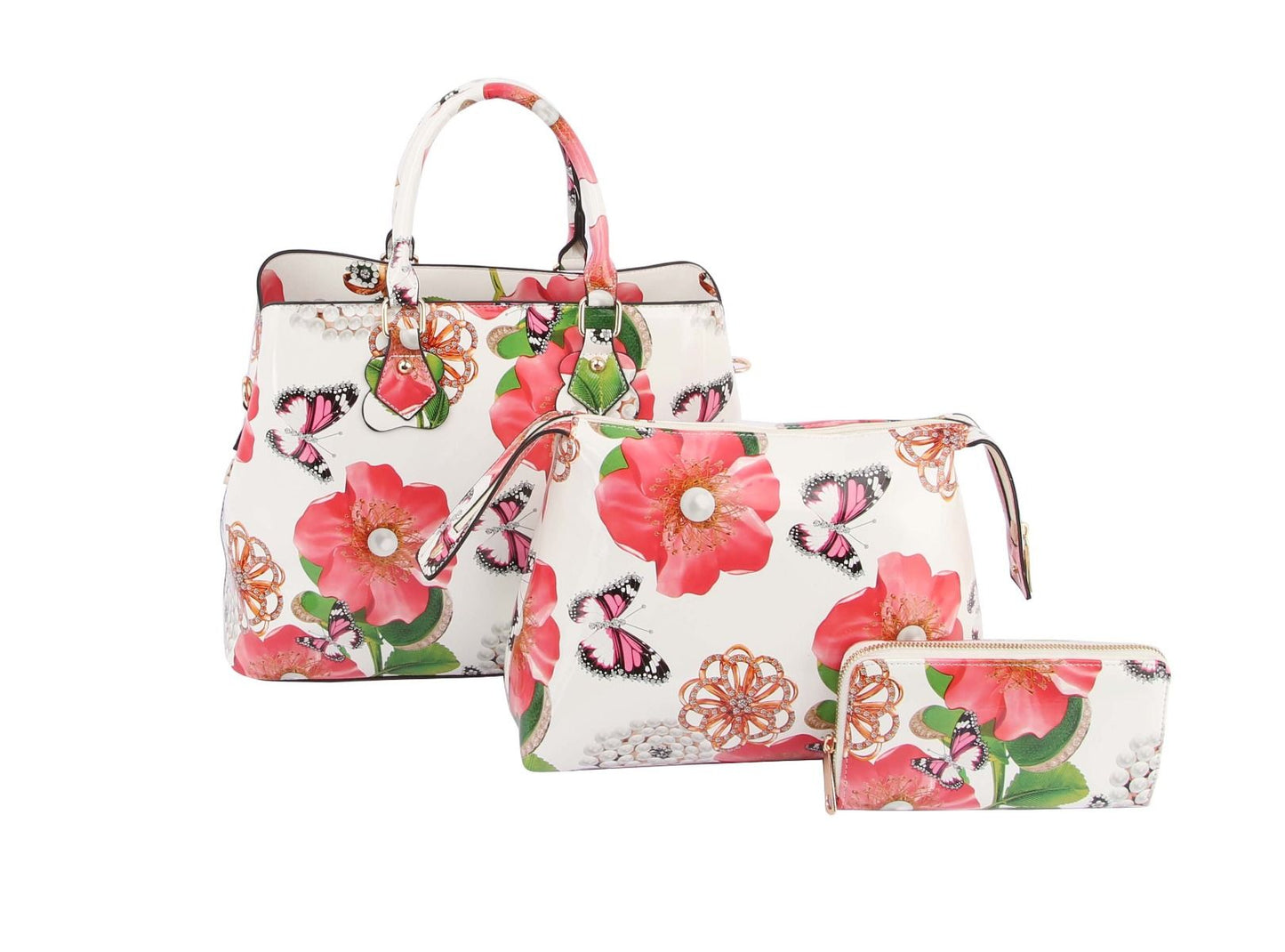 FLORAL PRINT TEXTURE BAG WITH WALLET SET